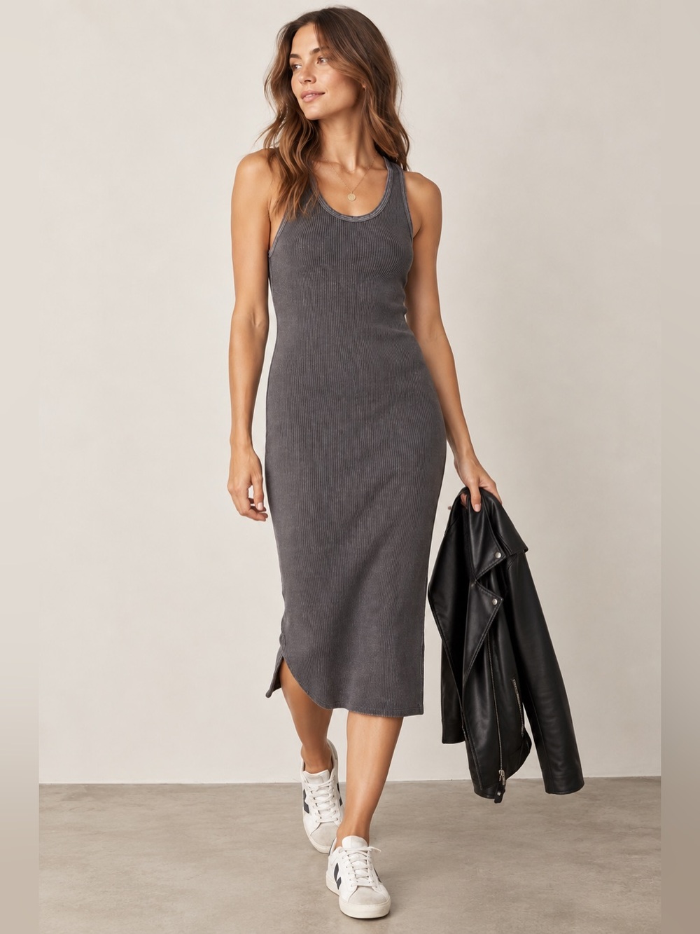 James Perse Ribbed Tank Midi Dress Charcoal Gray Size 2 Medium Made in USA